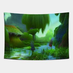 Digital Painting Scene Of a Lake Between Many Plants,  Scenery Nature Tapestry