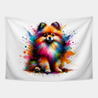 Vibrant Abstract Splashed Paint Pomeranian Dog Artwork Tapestry