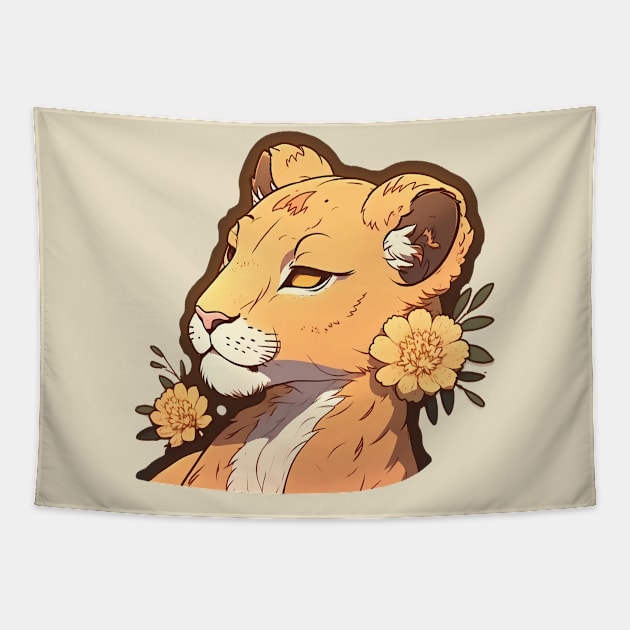 Beauty lioness with yellow flowers Tapestry by Cute Planet Earth Mini