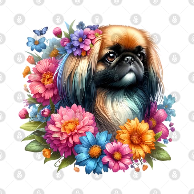 A pekingese decorated with beautiful colorful flowers. by CreativeSparkzz