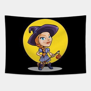 Young Witch with Brooomstick on Stage Light Tapestry