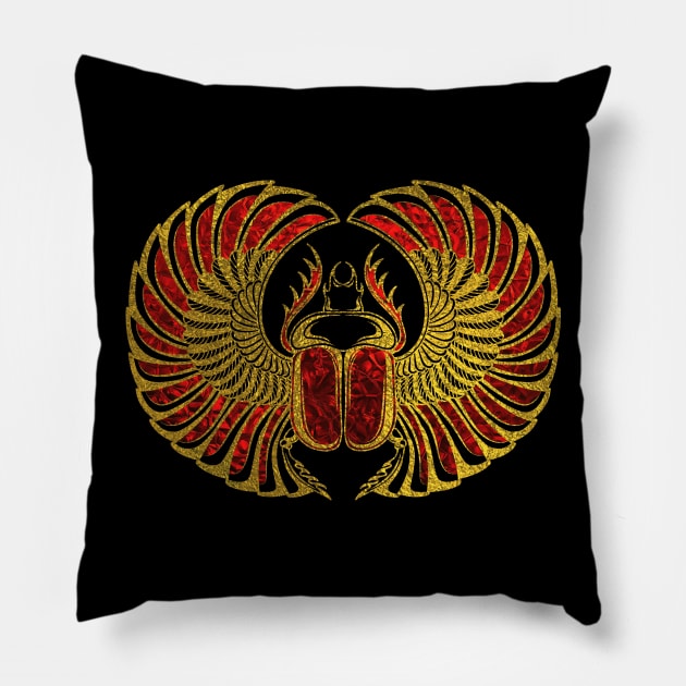 Egyptian Scarab Beetle - Gold and red  metallic Pillow by Nartissima