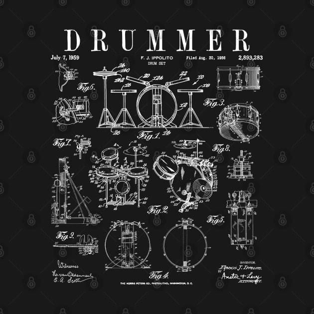 Drum Set Kit Vintage Patent Drummer Drawing Print WHITE by Grandeduc