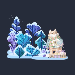 Fox with presents in snowy forest T-Shirt