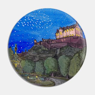 Edinburgh Castle By Night Retro Inspired Style Illustration Pin