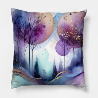 Abstract Watercolor Trees Purple and Gold Pillow