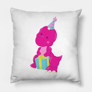 Birthday Dinosaur, Pink Dinosaur, Party Hat, Gifts Pillow