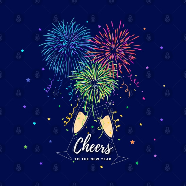 Cheers to the New Year Fireworks, Champagne Flutes and Stars by Deez Pixel Studio