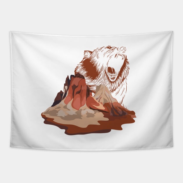 Bear Roaring in Red Mountain Landscape | Gift Idea for Travelers who love Hiking or Camping | Wanderlust Tapestry by mschubbybunny