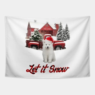 Samoyed Dog Let It Snow Tree Farm Red Truck Christmas Tapestry