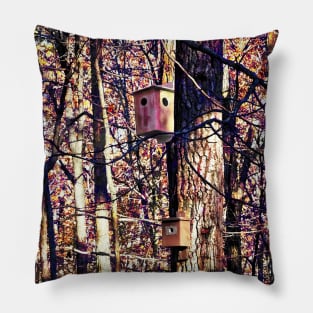 Two Birdhouses in the Autumn Woods Pillow