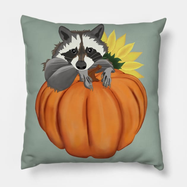 Raccoon, Pumpkin and Sunflower Pillow by KateQR