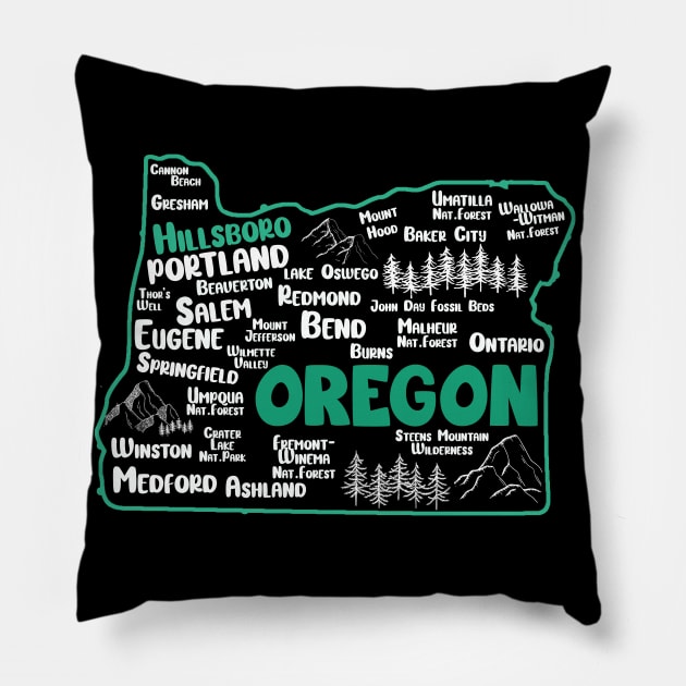 Cute map of Hillsboro Oregon, Portland, Salem, Eugene, Springfield, Bend, Ontario, Medford Pillow by BoogieCreates