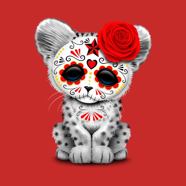 Red Day of the Dead Sugar Skull Snow Leopard Cub by jeffbartels