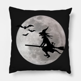 Halloween witch with cat is flying in the sky Pillow