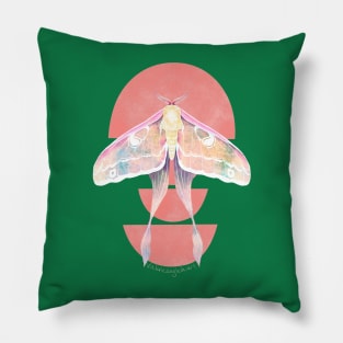 Pink Luna Moth Watercolor on Green Background Pillow