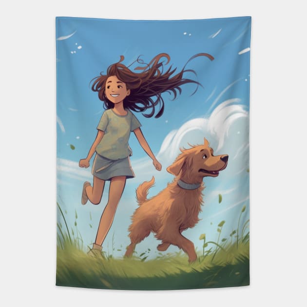 Fun Times with her Dog Tapestry by Liana Campbell