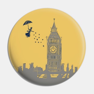 Mary Poppins and Big Ben Lino Print in Mustard and Grey Pin