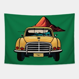 t-shirt design featuring a vintage car with a scenic landscape in the background, detailed illustration, and retro style. Tapestry