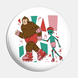 Funny Bigfoot And Alien Skating Roller Skate Pin