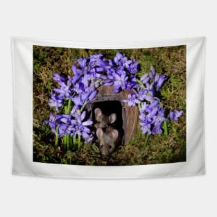 George the mouse in a log pile house - Spring flowers blue bells Tapestry