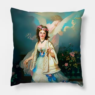 Woman in blue dress with flowers in her hair Pillow