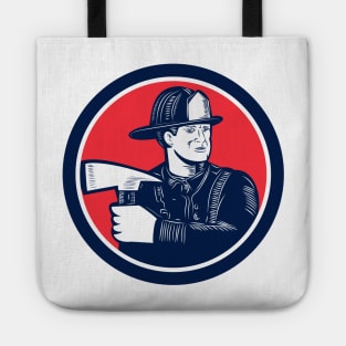 Fireman Firefighter Holding Fire Axe Woodcut Tote