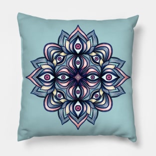 Psychedelic Eye Monster Blue Trippy Creepy Mandala Pillow