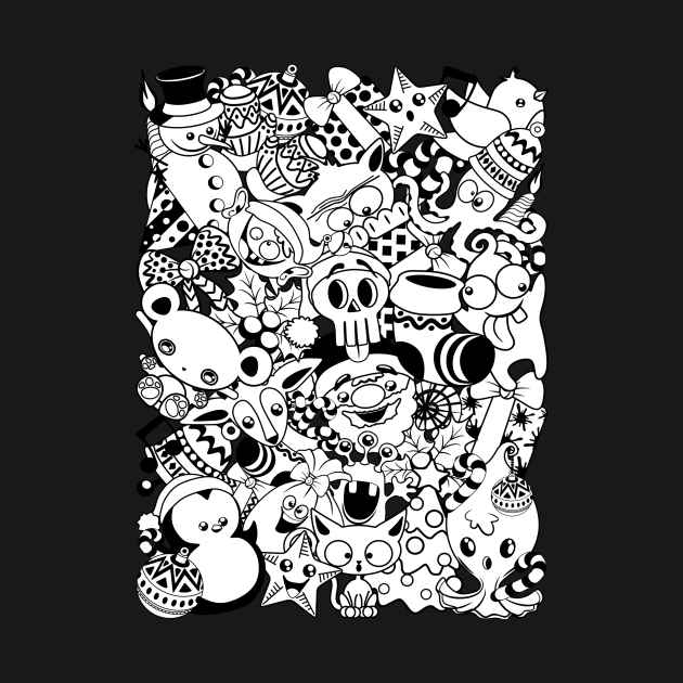 Christmas Doodles Funny and Cute Black and White Characters by BluedarkArt