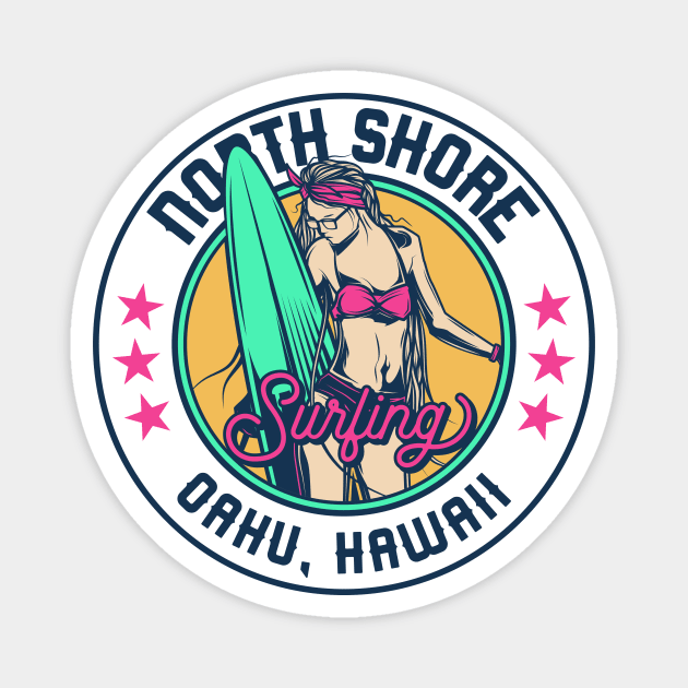 Retro Surfer Babe Badge North Shore Oahu Hawaii Magnet by Now Boarding