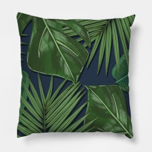 Monstera, Spider Palm, Tropical Leaves Print on Dark Blue Pillow