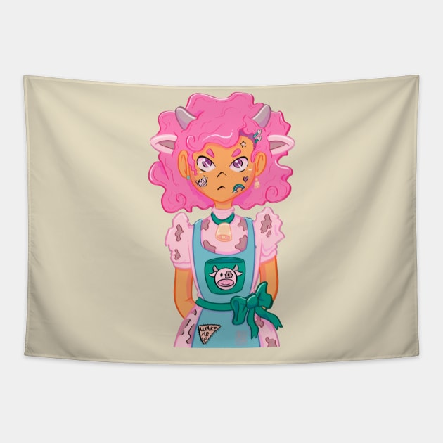 Cow little girl Tapestry by Flufreek tea