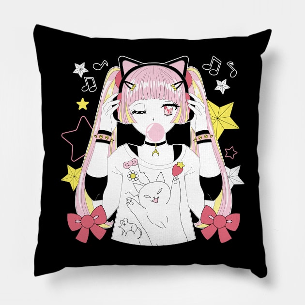 Girl anime style listening to music Pillow by keyanimari