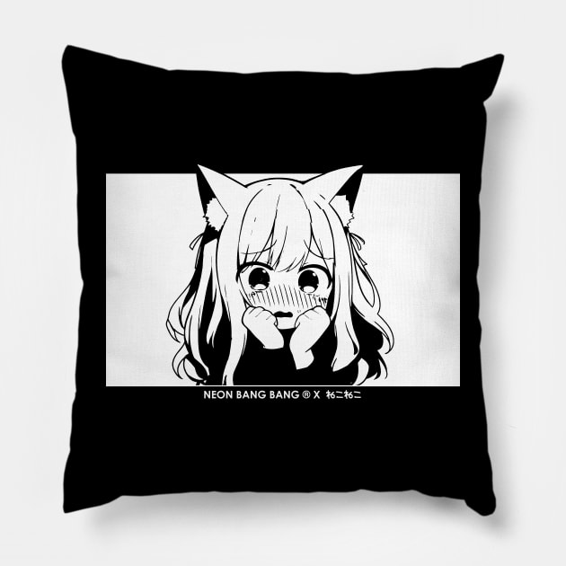 Anime Manga Neko Cat Girl Aesthetic Kawaii Japanese Otaku Black Pillow by Neon Bang Bang