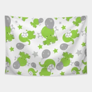 Pattern Of Green Elephants, Cute Elephants, Stars Tapestry