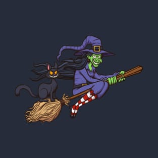 Cartoon Witch Flying On Her Broom T-Shirt