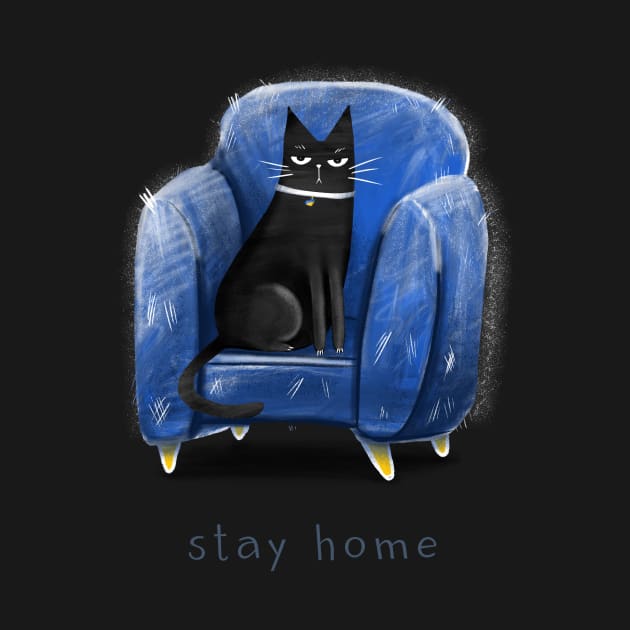 Cartoon black cat in a blue armchair and the inscription "Stay home". by MakitsuNeko