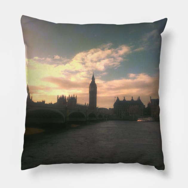 London Big Ben photoreal beautiful city purple pink aesthetic foggy design Pillow by BoogieCreates