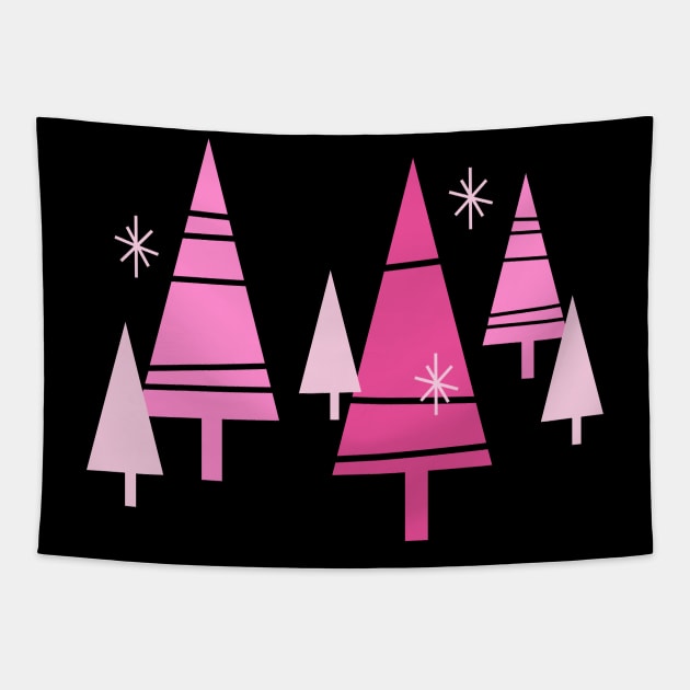 Retro Christmas Trees Pink - Mid Century Modern Black Tapestry by PUFFYP