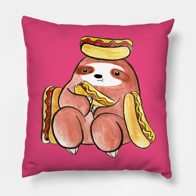 Watercolor Sloth Eating Hotdogs Pillow by saradaboru