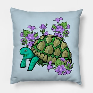 Smiling Turtle with Purple Flowers Pillow