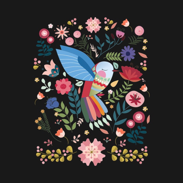 Folk Art Inspired Hummingbird With A Flurry Of Flowers by HillySeonard