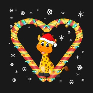 Cute Giraffe Candy Cane Heart Funny Christmas Light Gift T-Shirt