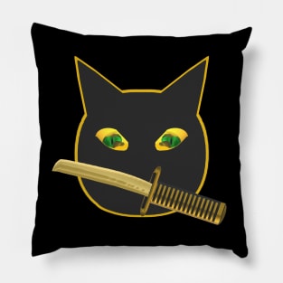 Hallowen Ninja Cat. Black Cat with Jack O Lantern Eyes and Sword. Orange Outline Version. Pillow