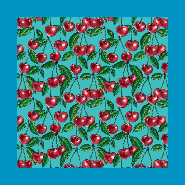 Red cherries on turquoise by katerinamk