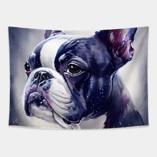 Adorable Boston Terrier Dog  Watercolor with Purple Ink Accents Tapestry