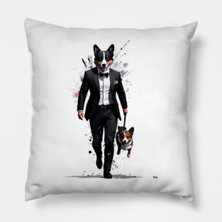 Dapper Corgi Secret Agent Carrying a Comrade in Tuxedo Pillow