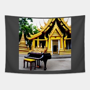 A Piano In Front Of A Thai Temple Tapestry