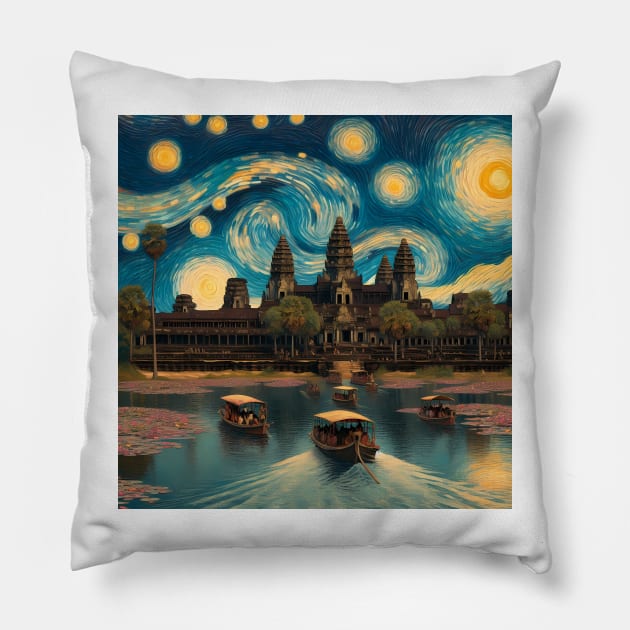 Angkor Wat, Cambodia, in the style of Vincent van Gogh's Starry Night Pillow by CreativeSparkzz