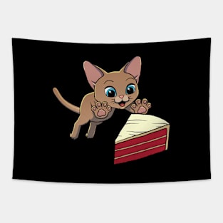 Devon Rex Cat excited to eat Red Velvet Cake Tapestry
